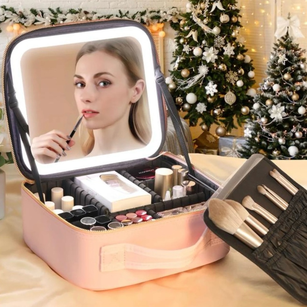 Pink Makeup Organizer with LED Mirror